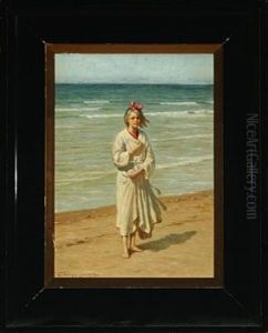 Lonstrup Beach With Blond Girl In White Robe Lonstrup Beach With Blond Girl In White Robe