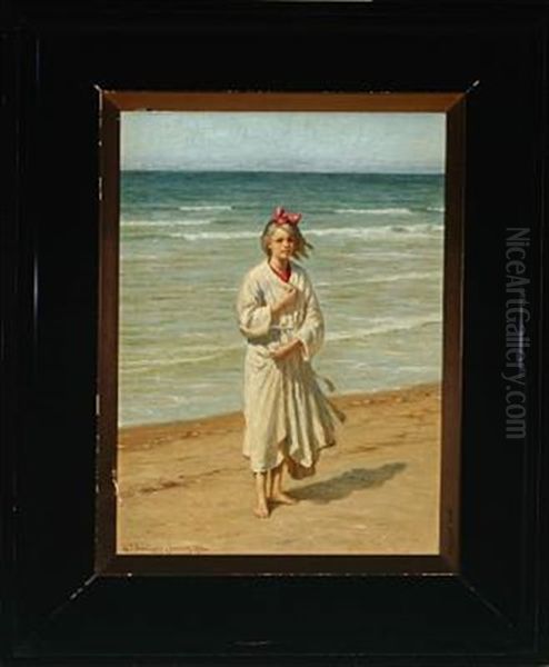 Lonstrup Beach With Blond Girl In White Robe - view 1