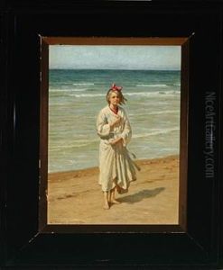 Lonstrup Beach With Blond Girl In White Robe Lonstrup Beach With Blond Girl In White Robe