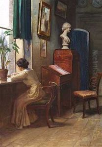 Interior Med Siddende Kvinde, Der Kigger Ud Af Et Vindue by Niels Frederik Schiottz-Jensen