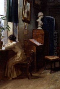 Interior Med Siddende Kivnde, Der Kigger Ud Af Et Vindue by Niels Frederik Schiottz-Jensen