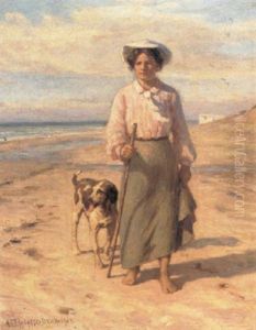 Sommerdag Pa Stranden Med Ung Pige, Der Gar Tur Med Sin Hund Sommerdag Pa Stranden Med Ung Pige, Der Gar Tur Med Sin Hund