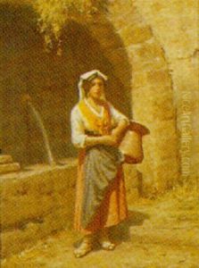 Italiensk Pige Med Vandkrukke Ved Fontaine by Niels Frederik Schiottz-Jensen