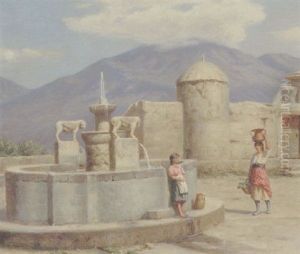 Italienske Piger Ved Landsbyens Fontaene by Niels Frederik Schiottz-Jensen