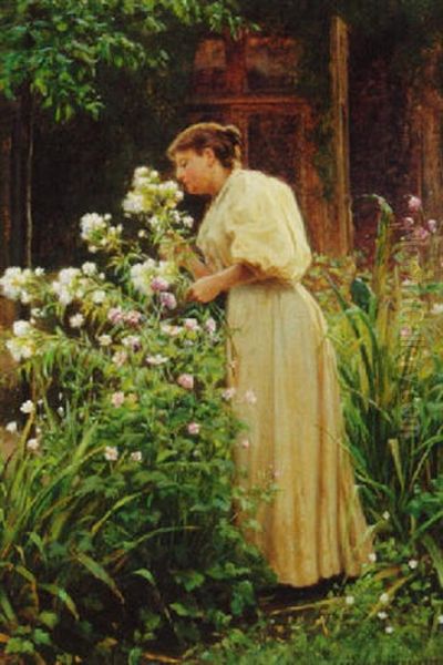 A Young Beauty Gathering Flowers In A Garden - view 1