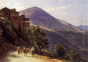 Parti Fra Italiensk Bjergby Med Bonder Traekkende Med Et Aesel