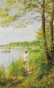 Staende Kvinde I Hvid Kjole Ved Sobred, I Baggrunden Robad Med To Fiskende Maend by Niels Frederik Schiottz-Jensen
