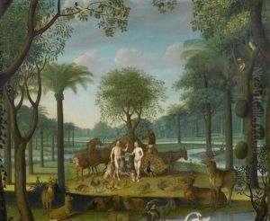 Scene In Paradise With Adam And Eve. by Jacob Bouttats