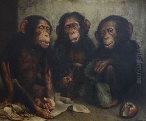 Trois Singes Avec Pommes Et Feuille De Chou Trois Singes Avec Pommes Et Feuille De Chou