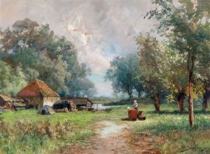 Landschap Met Wasvrouwen Aan Een Riviertje