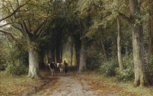 Farmer And Cows On A Forest Track by Piet Schipperus