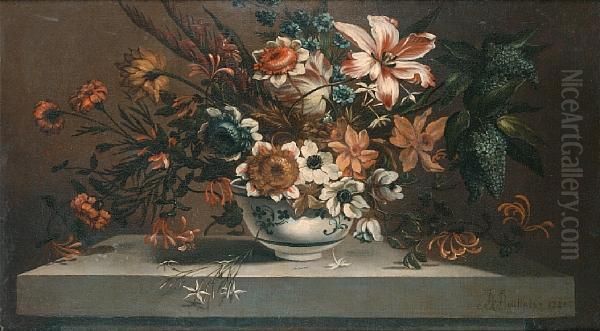 A Lily, Honeysuckle, Narcissi, Carnations Andother Flowers In A Blue And White Porcelain Vase On A Stoneledge - view 1