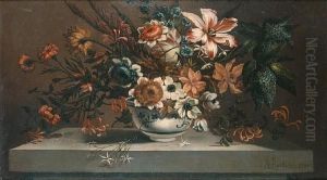 A Lily, Honeysuckle, Narcissi, Carnations Andother Flowers In A Blue And White Porcelain Vase On A Stoneledge