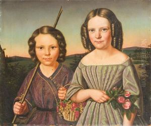 Junges Geschwisterpaar Mit Blumen Und Fruchtekorb by Georg Schirmer