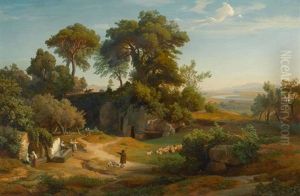 Mediterrane Landschaft Mit Schafer Und Seiner Herde Und Wassertragerinnen An Einem Brunnen