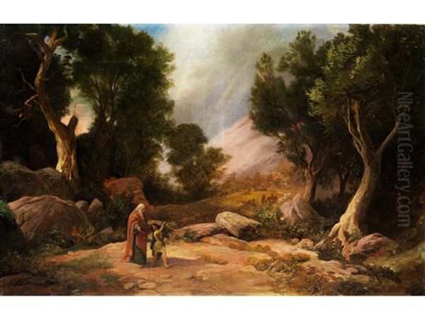 Landschaft Mit Der Biblischen Darstellung Des Ganges Von Abraham Und Seinem Sohn Isaac Zur Opferstatte Auf Dem Berg Moria - view 1