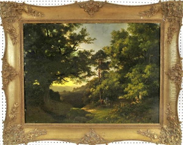 Waldlandschaft In Der Abenddammerung Mit Zwei Wanderern - view 1