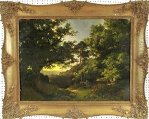 Waldlandschaft In Der Abenddammerung Mit Zwei Wanderern by Johann Wilhelm Schirmer