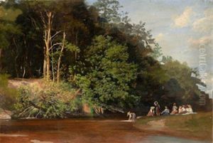 Flodlandskap Med Vilande Sallskap by Johann Wilhelm Schirmer