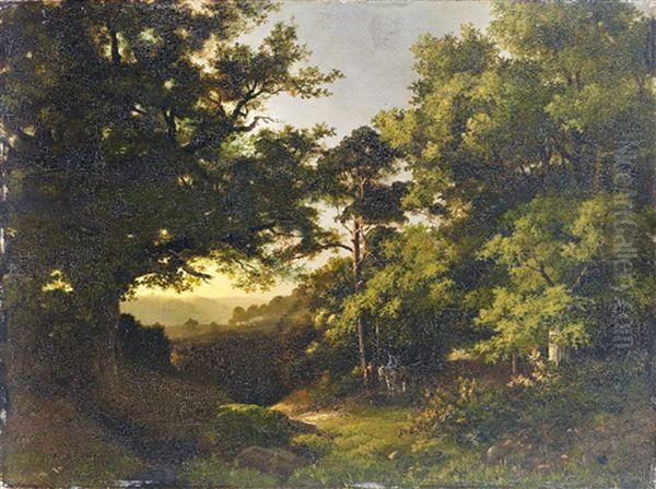 Romantisch Beleuchtete Wald- Und Hugellandschaft Mit Figurenstaffage - view 1