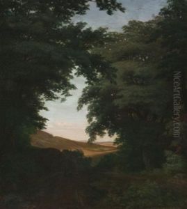Blick Aus Dem Wald In Ein Weites Tal, Auf Dem Weg Eine Bauerin Mit Ihren Ziegen