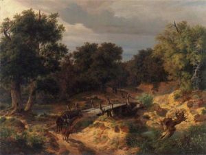 Landschaft Mit Zerfurchtem Flusbett, Brucke, Holzfuhrwerk Und Staffagen by Johann Wilhelm Schirmer