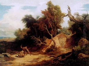 A Rocky Wooded Landscape With Brigands In The Foreground by Johann Wilhelm Schirmer
