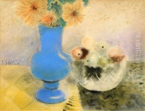 Vase Garni De Fleurs Et Coupe De Fruits