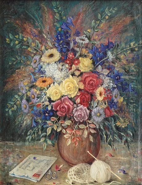 Still Life With Flowers, Crochet Hook, Scissors And Letter - view 1