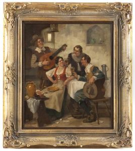 Men Flirting With A Woman In A Tavern by Victor Schivert