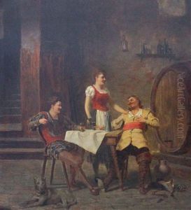 Zwei Manner In Histor. Kostumen Mit Einer Bedienerin In Einer Zechstube by Victor Schivert