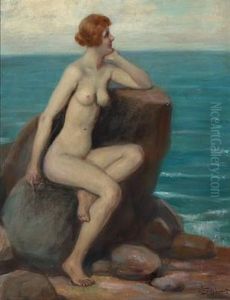 Young Naked Woman Looking Over The Ocean