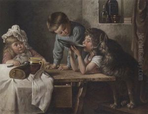 Kinder Mit Ihrem Hund In Der Stube by Victor Schivert