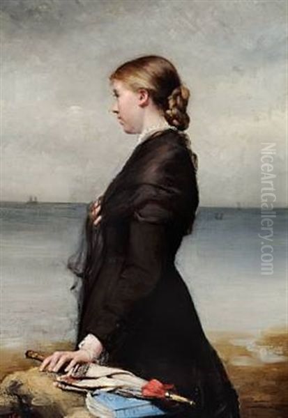 Young Woman At The Sea With A Parasol And A Book - view 1