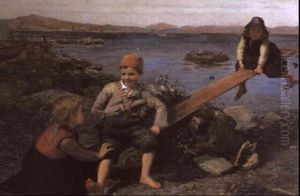 Fischerkinder Am Strand Auf Einer Wippe Fischerkinder Am Strand Auf Einer Wippe