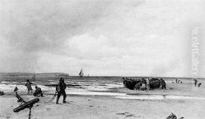 Fischer Mit Ihren Familien Am Strand Hinter Einem Trocken Aufliegenden Boot by Alexander Georg Fedorovitch Schlater