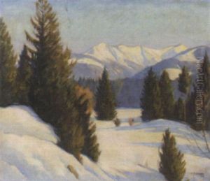 Winterlandschaft Mit Tannen Und Bergen Im Hintergrund by Ernst Emil Schlatter