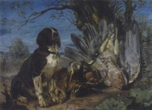 Jagdhund Und Erlegte Beutetiere In Einer Landschaft