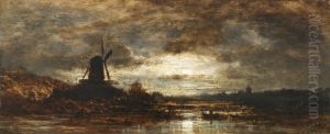 Hollandische Flusslandschaft Mit Muhle Bei Mondschein by Eduard Schleich the Elder