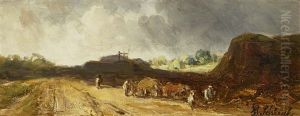 Heufuhrweg Und Bauern Unter Gewittrigem Himmel by Eduard Schleich the Elder
