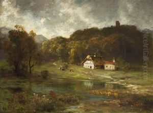 Bauerliches Anwesen An Einem Gewasser by Eduard Schleich the Elder