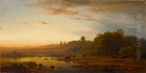 Moorlandschaft Mit Rotwild Im Abendlicht by Eduard Schleich the Elder