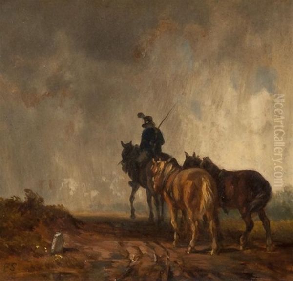 Soldier And Horses In A Rainswept Landscape - view 1