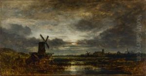 Hollandische Landschaft Mit Windmuhlen Bei Mondschein by Eduard Schleich the Elder