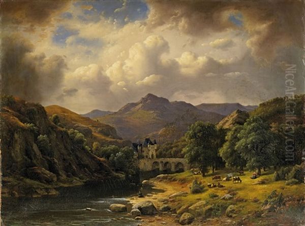 Bergige Flusslandschaft Mit Burg - view 1