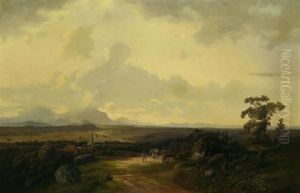 Weite Voralpenlandschaft Mit Blick Auf Die Weit Entfernten, Wolken Verhangenen, Berge. Vorn Auf Dem Weg Personen by Eduard Schleich the Elder