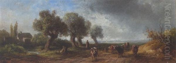 Hirtin Mit Kuhherde In Weiter Landschaft - view 1