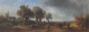 Hirtin Mit Kuhherde In Weiter Landschaft Hirtin Mit Kuhherde In Weiter Landschaft