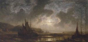 Schiffe An Der Kuste Bei Mondschein by Eduard Schleich the Elder