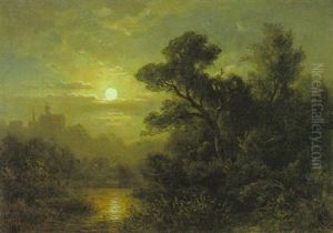 Mondscheinlandschaft Mit Einer Ortschaft Am Hang Uber Dem Flusschen Links by Eduard Schleich the Elder